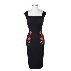 Retro black wiggle dress with embroidered roses